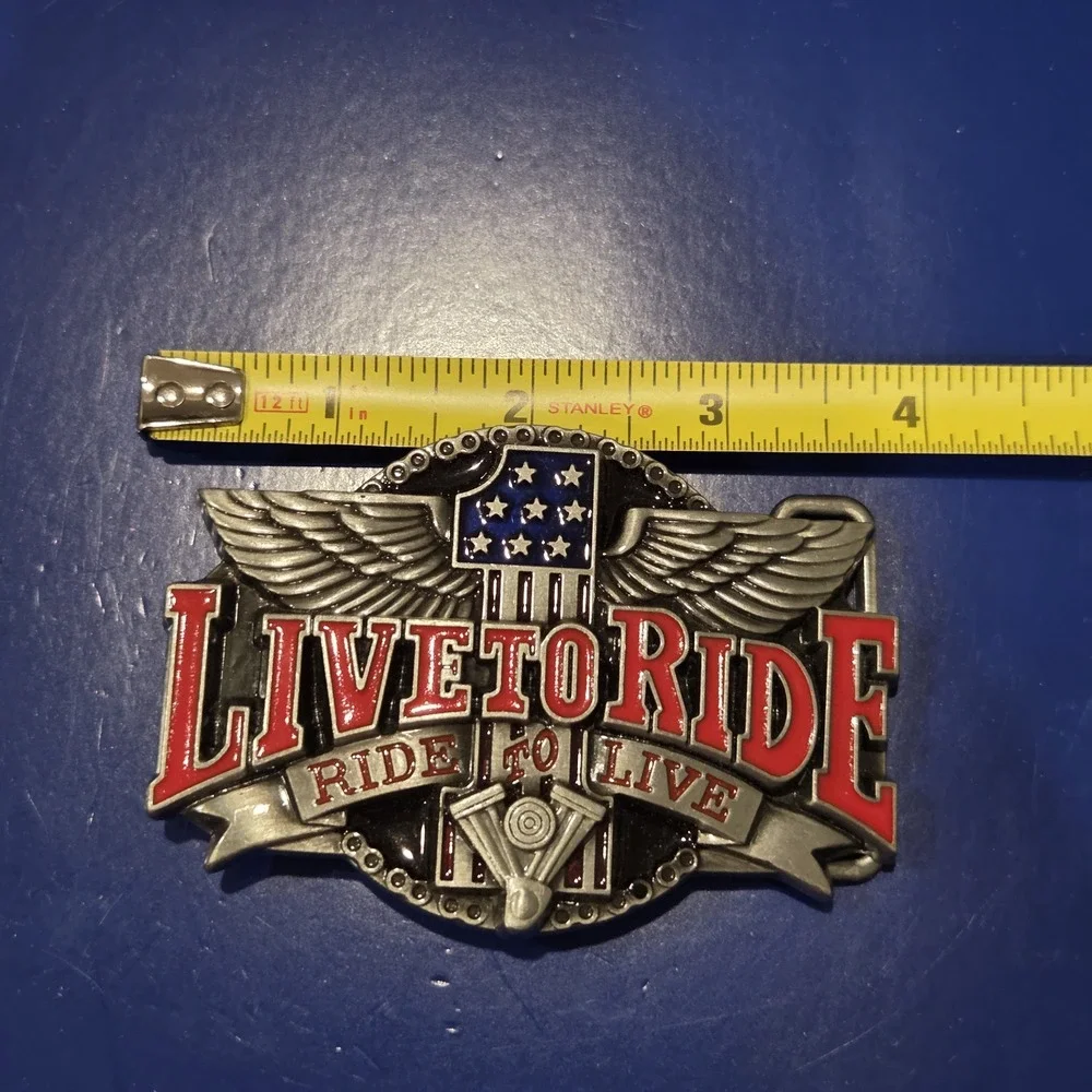 Live to Ride Ride to Live Motorcycle Biker Belt Buckle Pewter Red Enamel